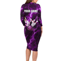 Bowling Ball and Pins Family Matching Long Sleeve Bodycon Dress and Hawaiian Shirt Purple Lightning Background and Custom Name Design - Wonder Print Shop