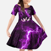 Bowling Ball and Pins Family Matching Off The Shoulder Long Sleeve Dress and Hawaiian Shirt Purple Lightning Background and Custom Name Design - Wonder Print Shop