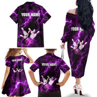 Bowling Ball and Pins Family Matching Off The Shoulder Long Sleeve Dress and Hawaiian Shirt Purple Lightning Background and Custom Name Design - Wonder Print Shop