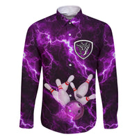 Bowling Ball and Pins Family Matching Off The Shoulder Long Sleeve Dress and Hawaiian Shirt Purple Lightning Background and Custom Name Design - Wonder Print Shop