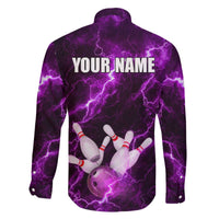 Bowling Ball and Pins Family Matching Off The Shoulder Long Sleeve Dress and Hawaiian Shirt Purple Lightning Background and Custom Name Design - Wonder Print Shop