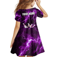 Bowling Ball and Pins Family Matching Off Shoulder Maxi Dress and Hawaiian Shirt Purple Lightning Background and Custom Name Design - Wonder Print Shop
