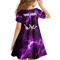 Bowling Ball and Pins Family Matching Off Shoulder Short Dress and Hawaiian Shirt Purple Lightning Background and Custom Name Design - Wonder Print Shop