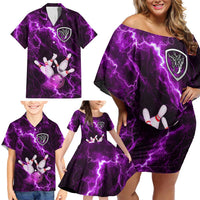 Bowling Ball and Pins Family Matching Off Shoulder Short Dress and Hawaiian Shirt Purple Lightning Background and Custom Name Design - Wonder Print Shop