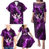 Bowling Ball and Pins Family Matching Puletasi and Hawaiian Shirt Purple Lightning Background and Custom Name Design - Wonder Print Shop