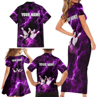 Bowling Ball and Pins Family Matching Short Sleeve Bodycon Dress and Hawaiian Shirt Purple Lightning Background and Custom Name Design - Wonder Print Shop