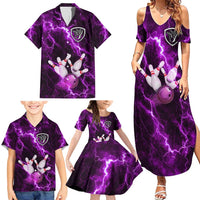 Bowling Ball and Pins Family Matching Summer Maxi Dress and Hawaiian Shirt Purple Lightning Background and Custom Name Design - Wonder Print Shop