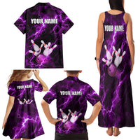 Bowling Ball and Pins Family Matching Tank Maxi Dress and Hawaiian Shirt Purple Lightning Background and Custom Name Design - Wonder Print Shop