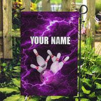 Bowling Ball and Pins Garden Flag Purple Lightning Background and Custom Name Design - Wonder Print Shop