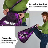 Bowling Ball and Pins Grocery Bag Purple Lightning Background and Custom Name Design - Wonder Print Shop