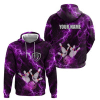 Bowling Ball and Pins Hoodie Purple Lightning Background and Custom Name Design - Wonder Print Shop