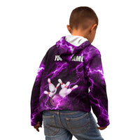 Bowling Ball and Pins Kid Hoodie Purple Lightning Background and Custom Name Design - Wonder Print Shop