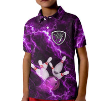 Bowling Ball and Pins Kid Polo Shirt Purple Lightning Background and Custom Name Design - Wonder Print Shop