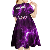 Bowling Ball and Pins Kid Short Sleeve Dress Purple Lightning Background and Custom Name Design - Wonder Print Shop