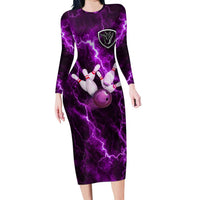 Bowling Ball and Pins Long Sleeve Bodycon Dress Purple Lightning Background and Custom Name Design - Wonder Print Shop