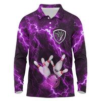 Bowling Ball and Pins Long Sleeve Polo Shirt Purple Lightning Background and Custom Name Design - Wonder Print Shop
