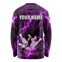 Bowling Ball and Pins Long Sleeve Shirt Purple Lightning Background and Custom Name Design - Wonder Print Shop