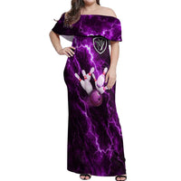 Bowling Ball and Pins Off Shoulder Maxi Dress Purple Lightning Background and Custom Name Design - Wonder Print Shop