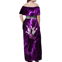 Bowling Ball and Pins Off Shoulder Maxi Dress Purple Lightning Background and Custom Name Design - Wonder Print Shop
