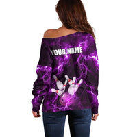 Bowling Ball and Pins Off Shoulder Sweater Purple Lightning Background and Custom Name Design - Wonder Print Shop