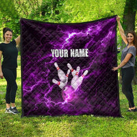 Bowling Ball and Pins Quilt Purple Lightning Background and Custom Name Design - Wonder Print Shop