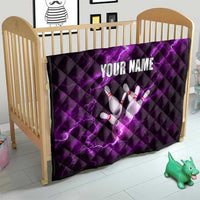 Bowling Ball and Pins Quilt Purple Lightning Background and Custom Name Design - Wonder Print Shop