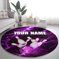Bowling Ball and Pins Round Carpet Purple Lightning Background and Custom Name Design - Wonder Print Shop