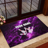 Bowling Ball and Pins Rubber Doormat Purple Lightning Background and Custom Name Design - Wonder Print Shop