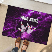 Bowling Ball and Pins Rubber Doormat Purple Lightning Background and Custom Name Design - Wonder Print Shop