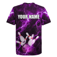 Bowling Ball and Pins Rugby Jersey Purple Lightning Background and Custom Name Design - Wonder Print Shop