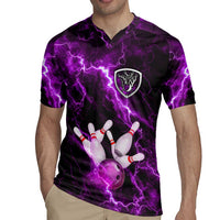 Bowling Ball and Pins Rugby Jersey Purple Lightning Background and Custom Name Design - Wonder Print Shop