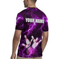 Bowling Ball and Pins Rugby Jersey Purple Lightning Background and Custom Name Design - Wonder Print Shop