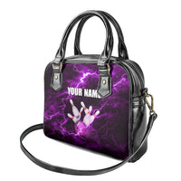 Bowling Ball and Pins Shoulder Handbag Purple Lightning Background and Custom Name Design - Wonder Print Shop