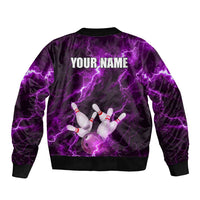 Bowling Ball and Pins Sleeve Zip Bomber Jacket Purple Lightning Background and Custom Name Design - Wonder Print Shop