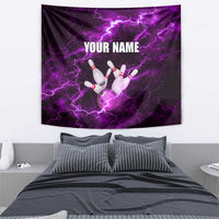 Bowling Ball and Pins Tapestry Purple Lightning Background and Custom Name Design - Wonder Print Shop
