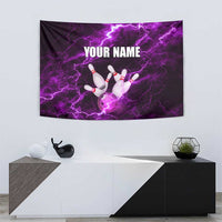 Bowling Ball and Pins Tapestry Purple Lightning Background and Custom Name Design - Wonder Print Shop
