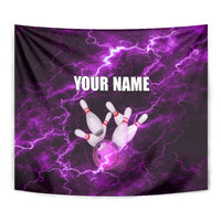 Bowling Ball and Pins Tapestry Purple Lightning Background and Custom Name Design - Wonder Print Shop