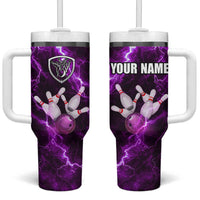 Bowling Ball and Pins Tumbler With Handle Purple Lightning Background and Custom Name Design - Wonder Print Shop