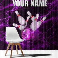 Bowling Ball and Pins Window Curtain Purple Lightning Background and Custom Name Design - Wonder Print Shop