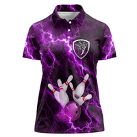 Bowling Ball and Pins Women Polo Shirt Purple Lightning Background and Custom Name Design - Wonder Print Shop
