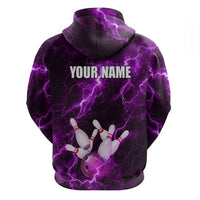 Bowling Ball and Pins Zip Hoodie Purple Lightning Background and Custom Name Design - Wonder Print Shop