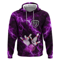 Bowling Ball and Pins Zip Hoodie Purple Lightning Background and Custom Name Design - Wonder Print Shop