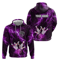 Bowling Ball and Pins Zip Hoodie Purple Lightning Background and Custom Name Design - Wonder Print Shop