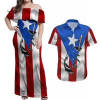 Puerto Rico Fishing Couples Matching Off Shoulder Maxi Dress and Hawaiian Shirt Fish Hook Flag PR Custom Name - Wonder Print Shop