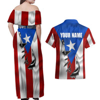 Puerto Rico Fishing Couples Matching Off Shoulder Maxi Dress and Hawaiian Shirt Fish Hook Flag PR Custom Name - Wonder Print Shop