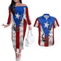 Puerto Rico Fishing Couples Matching Off The Shoulder Long Sleeve Dress and Hawaiian Shirt Fish Hook Flag PR Custom Name - Wonder Print Shop