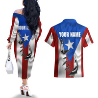 Puerto Rico Fishing Couples Matching Off The Shoulder Long Sleeve Dress and Hawaiian Shirt Fish Hook Flag PR Custom Name - Wonder Print Shop