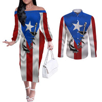 Puerto Rico Fishing Couples Matching Off The Shoulder Long Sleeve Dress and Long Sleeve Button Shirt Fish Hook Flag PR Custom Name - Wonder Print Shop