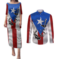 Puerto Rico Fishing Couples Matching Puletasi and Long Sleeve Button Shirt Fish Hook Flag PR Custom Name - Wonder Print Shop