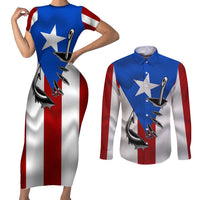 Puerto Rico Fishing Couples Matching Short Sleeve Bodycon Dress and Long Sleeve Button Shirt Fish Hook Flag PR Custom Name - Wonder Print Shop